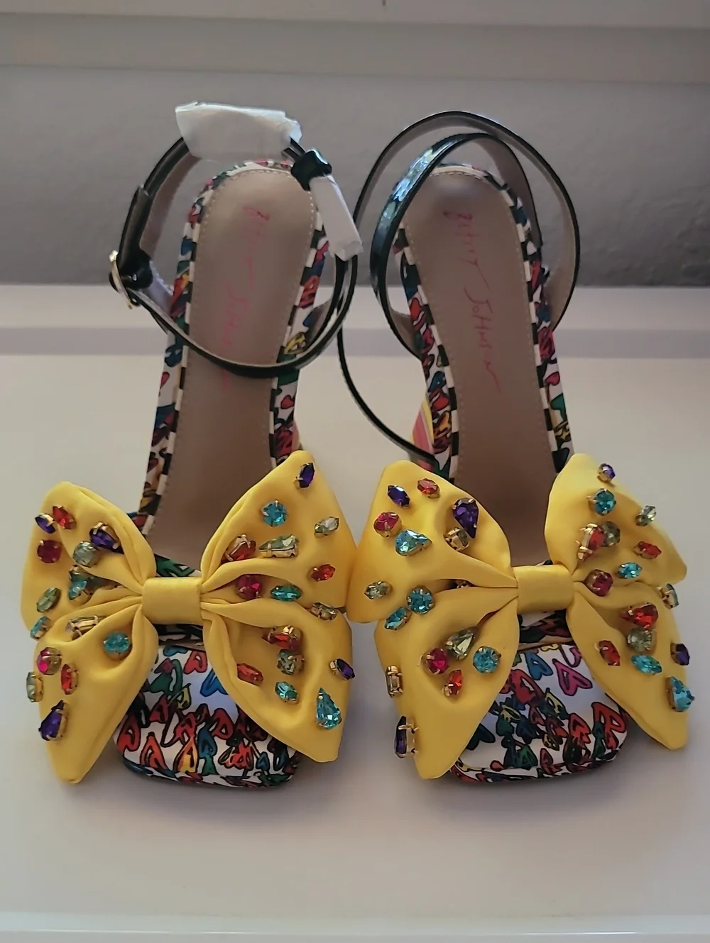 Betsey Johnson Yellow Bow Jeweled Ankle-Strap Peep-Toe RAINBOW Heels - Picture 1 of 9
